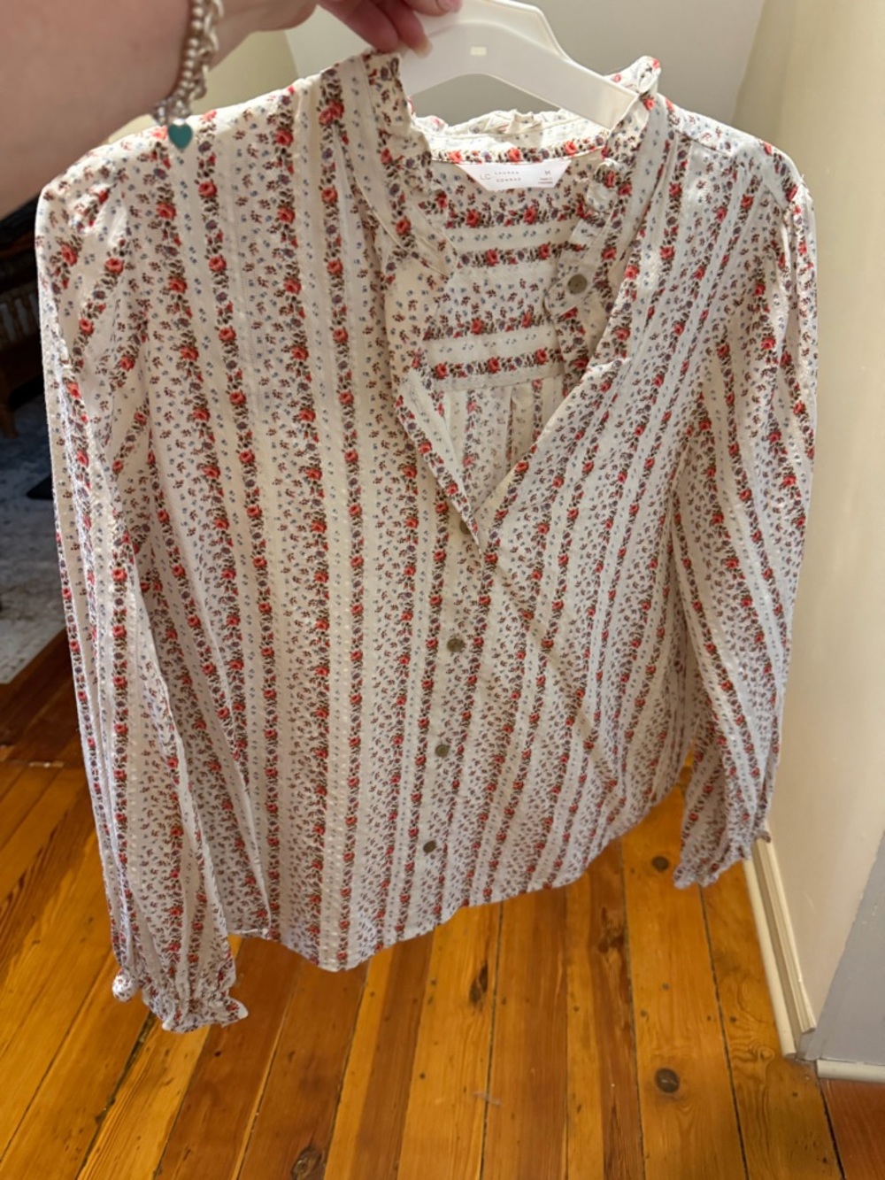 LC Lauren Conrad Cream Blouse with Red Floral Stripes
